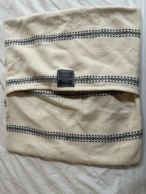 Faribault Woolen Mill Co Cream Knit pillow case with Navy Accents and Red Stripe